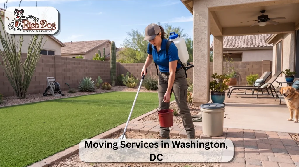 Professional pet waste removal technician cleaning up a suburban Arizona backyard